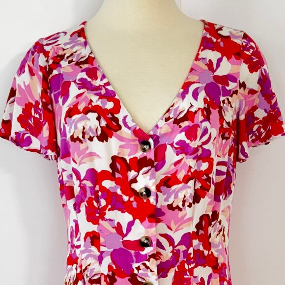 Steve Madden Short Sleeve Floral Romper Coverup Pink/Red S - Picture 2 of 9